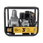 BE Power Equipment gas-powered 3-inch water transfer pump housed inside a heavy-duty black steel roll cage.