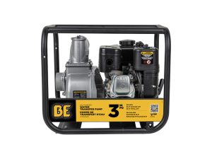 BE Power Equipment gas-powered 3-inch water transfer pump housed inside a heavy-duty black steel roll cage.