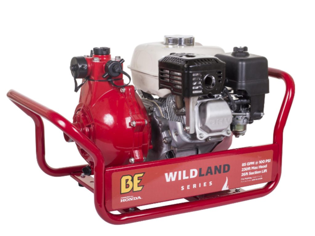BE Wildland Series high-pressure fire pump with red housing and Honda GX engine in a red steel frame.