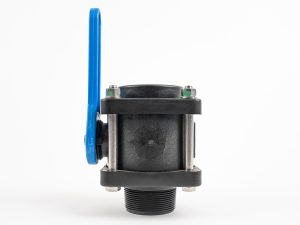 Black bolted polypropylene ball valve showing male threaded bottom port and long blue lever handle.