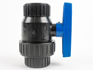 Black 2-inch single union polypropylene ball valve with threaded collar and blue T-handle.
