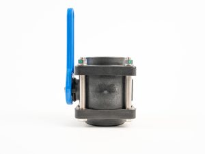 Black bolted polypropylene ball valve featuring female threaded ports and an upright blue lever handle.