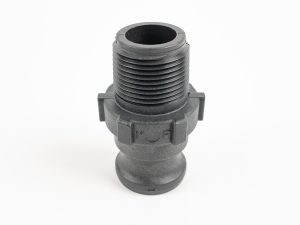 Black polypropylene Type F cam lock adapter featuring top male NPT threads and a bottom male quick-disconnect cam lever groove, with size markings embossed on the middle collar against a white background.