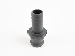 Black polypropylene Type C cam lock coupler with a top hose shank barb connection and stainless steel side cam arms with pull rings, centered on a white background.