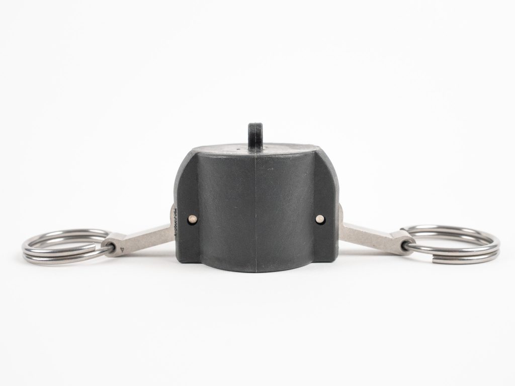 Black polypropylene female camlock dust cap with stainless steel locking arms and split rings.