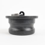 Black Banjo polypropylene 3" camlock dust plug with attached metal split ring.