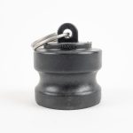 Black Banjo polypropylene 2" camlock dust plug with attached metal split ring.