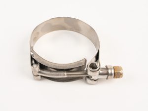 Banjo stainless steel T-bolt hose clamp featuring a smooth wide band and threaded bolt assembly with a brass-colored hex nut.