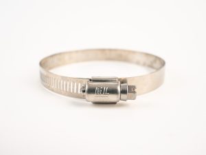 Stainless steel worm-gear hose clamp with wide band and screw housing stamped with GL and ALL SS.