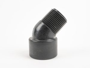 Black polypropylene 45-degree street elbow fitting showing bottom female pipe threads and an angled male threaded top end.