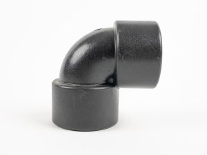 Black polypropylene 90-degree pipe elbow fitting featuring female pipe threads on both ends.