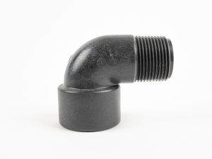 Black polypropylene 90-degree street elbow pipe fitting featuring male pipe threads on one end and female pipe threads on the other.