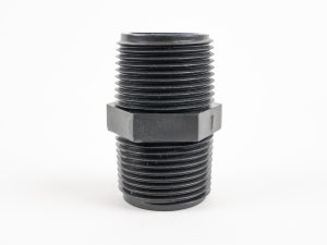 Black polypropylene pipe hex nipple with male threads on both ends separated by a central hexagonal wrenching nut.