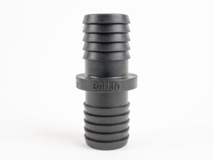 Black polypropylene Banjo hose mender coupler featuring barbed hose shank connections on both ends.