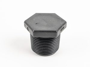 Black polypropylene pipe thread plug featuring male external threads and a flat hexagonal wrenching head.