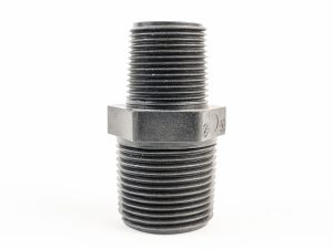 Black polypropylene pipe reducer nipple with dual male external threads separated by a central hex wrenching nut.