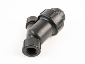 Black polypropylene Y-line strainer with female NPT (FNPT) threaded connections.